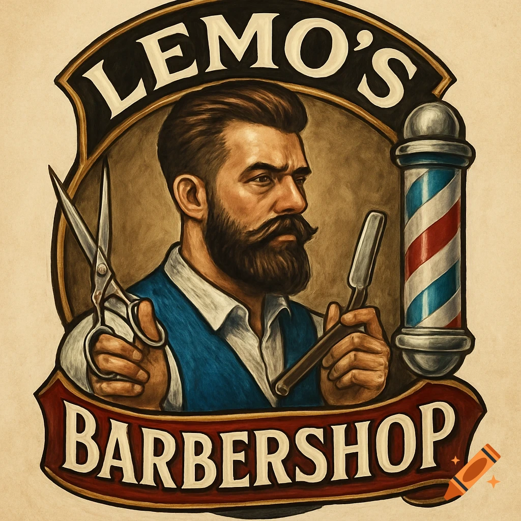 Vintage-style barbershop logo with a bearded man, scissors, razor, and barber pole, reading 'LEMO'S BARBERSHOP'.