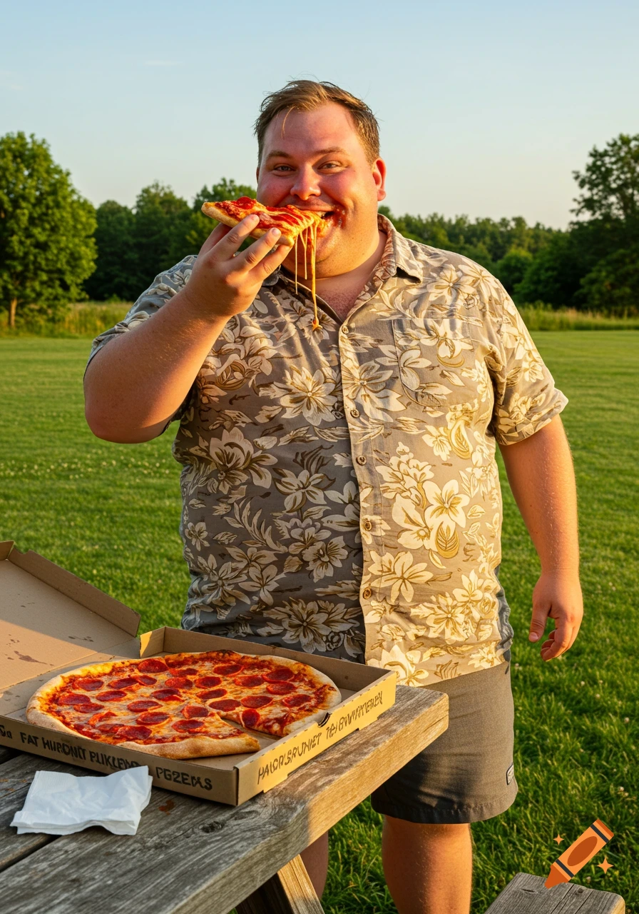 A man in a floral shirt happily eats a slice of pepperoni pizza with cheese stretching from his mouth, outdoors in a grassy field.