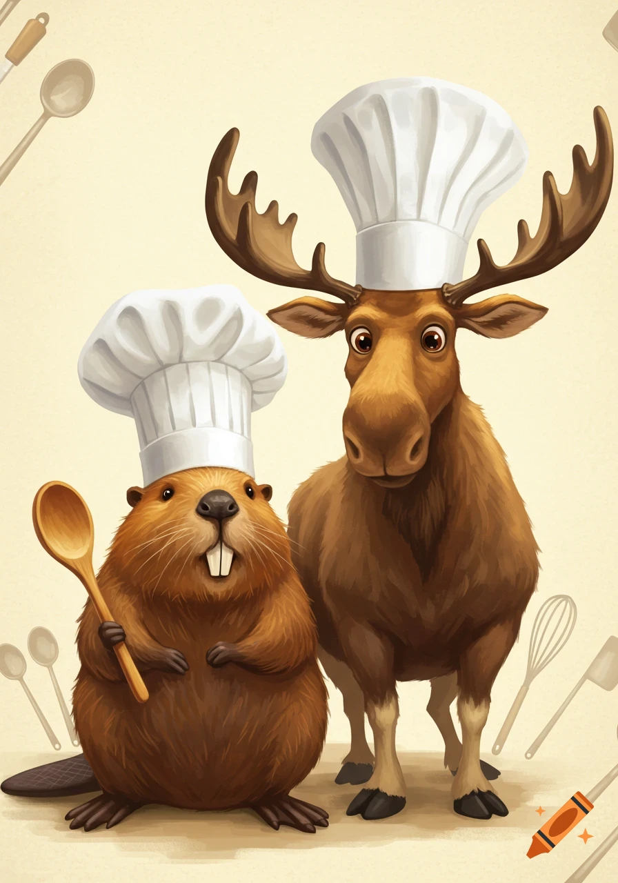 A cartoon beaver holding a wooden spoon and a moose stand side-by-side, both wearing white chef hats. They are against a light background with kitchen utensils.
