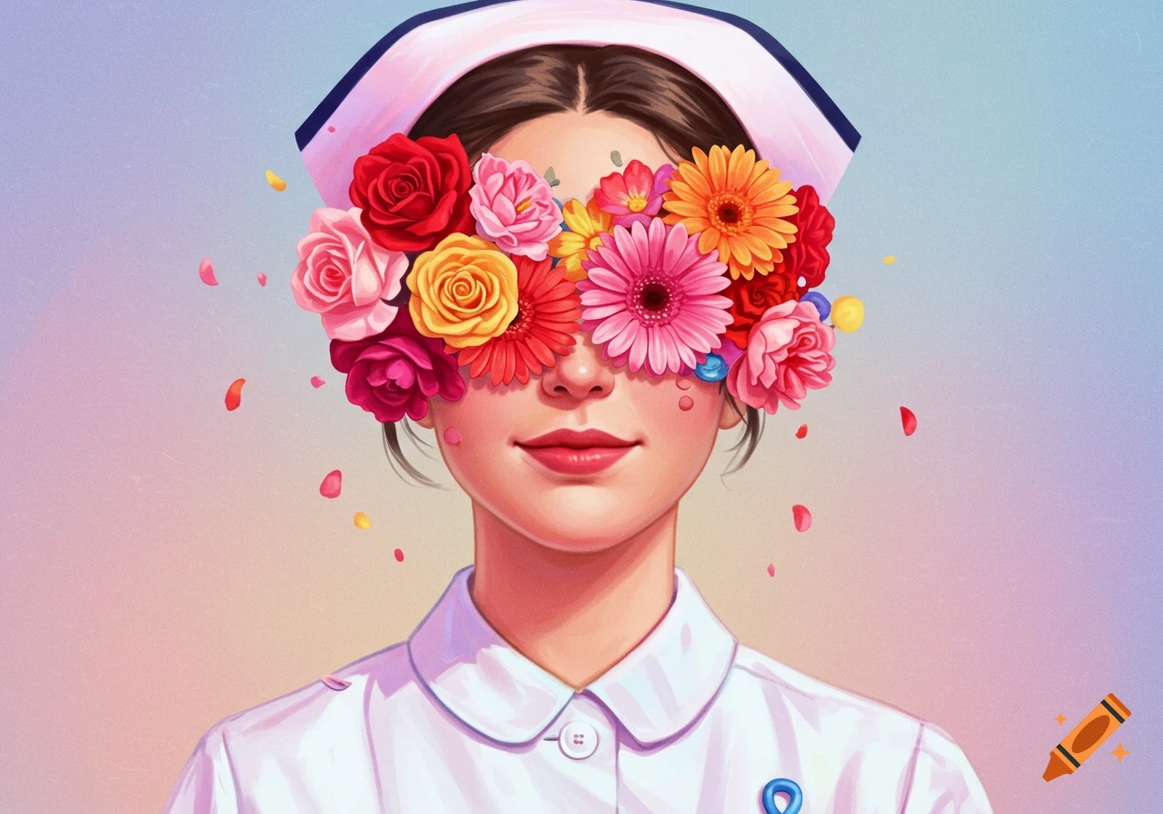An illustration of a nurse with a bouquet of colorful flowers covering her eyes, against a soft gradient background.