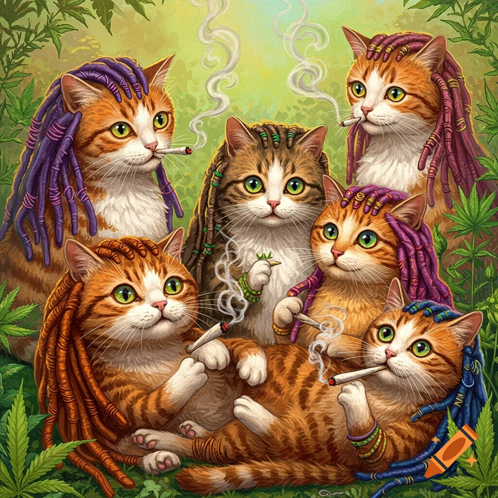 Illustration of five orange and tabby cats with colorful dreadlocks smoking joints amidst marijuana leaves.