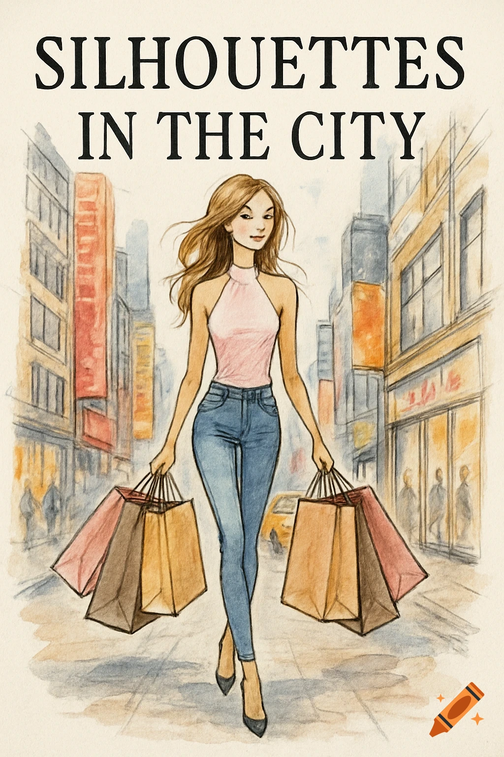 Watercolor and sketch illustration of a woman with shopping bags walking on a city street, with the title 'SILHOUETTES IN THE CITY' above.