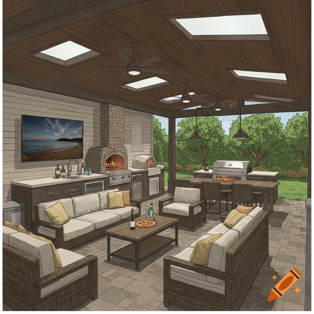 An illustrated rendering of a large, luxurious covered outdoor patio with extensive seating, an outdoor kitchen, a TV, and lush green landscaping.