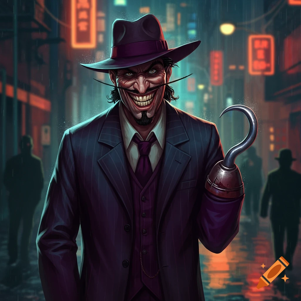 Stylized illustration of a sinister gangster with a hook hand, fedora, and pinstripe suit, grinning in a rainy city street.