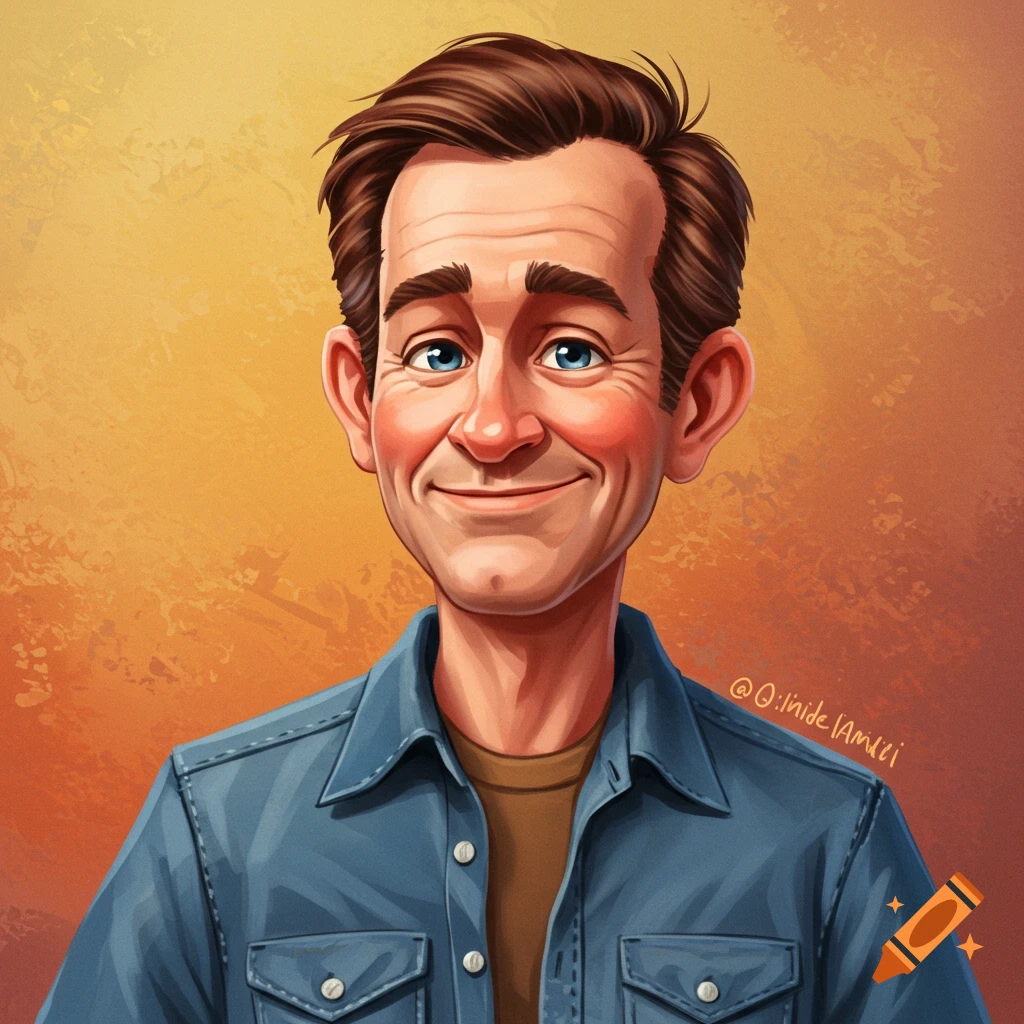 A cartoon caricature portrait of a smiling man with brown hair and blue eyes, wearing a blue denim shirt.