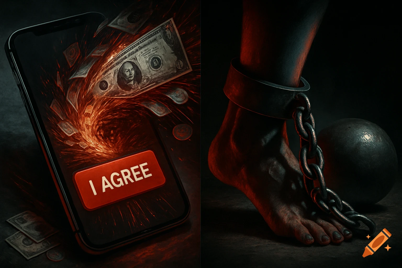 A split image showing a smartphone with an 'I AGREE' button and money swirling on the left, and a shackled foot with a ball-and-chain on the right.