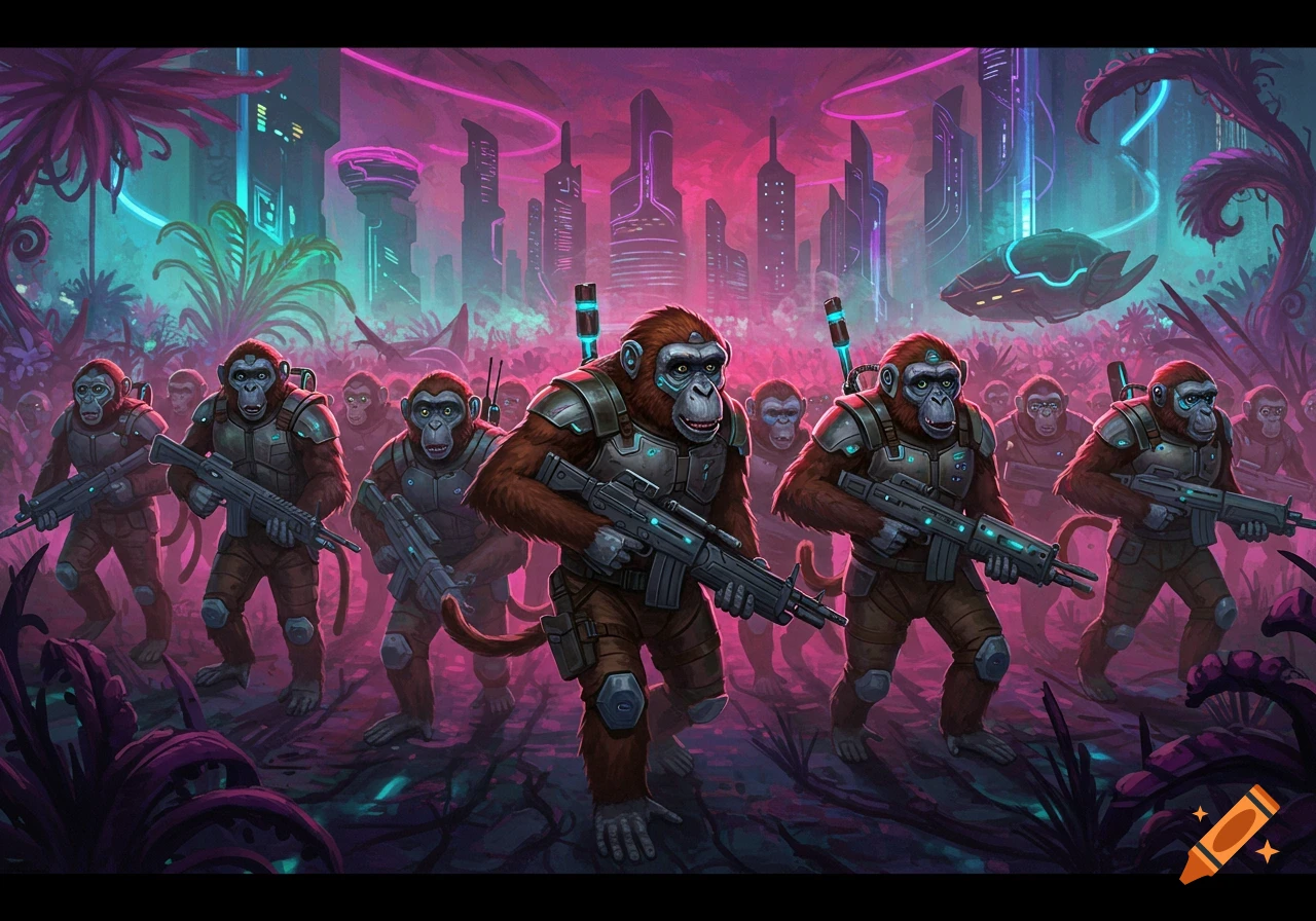 Armored monkey army standing with rifles in a neon-lit, futuristic jungle city with a flying vehicle.