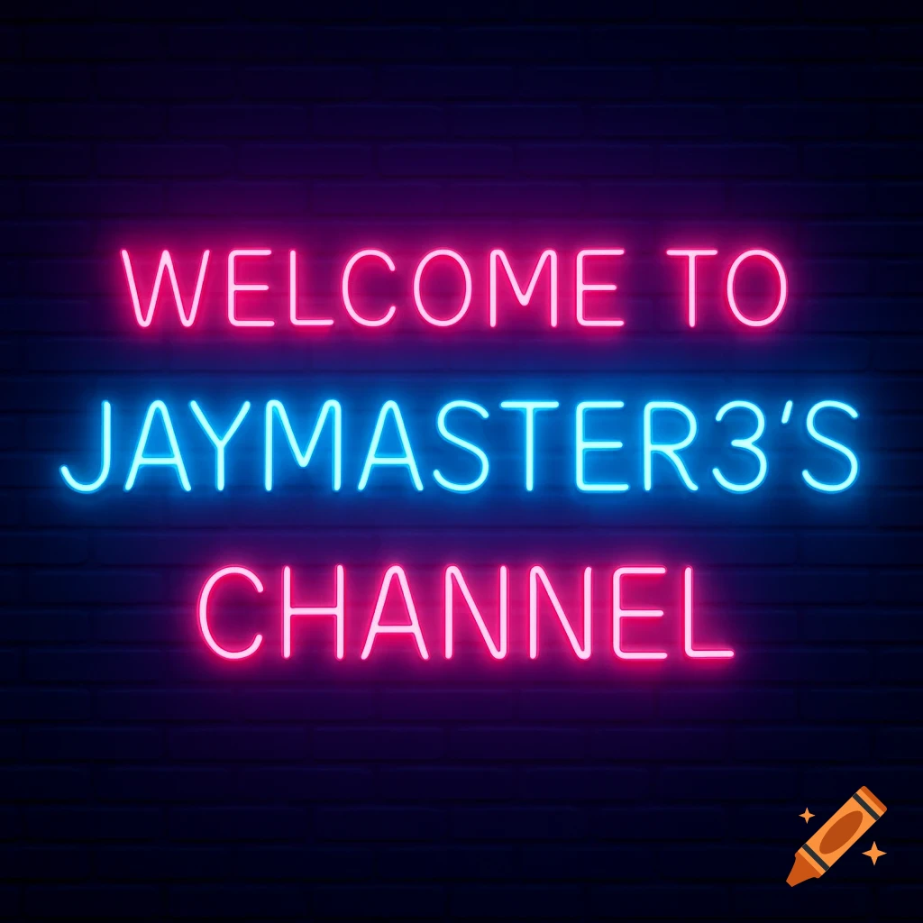 Neon sign displaying 'Welcome to Jaymaster3's Channel' in pink and blue on a brick wall.