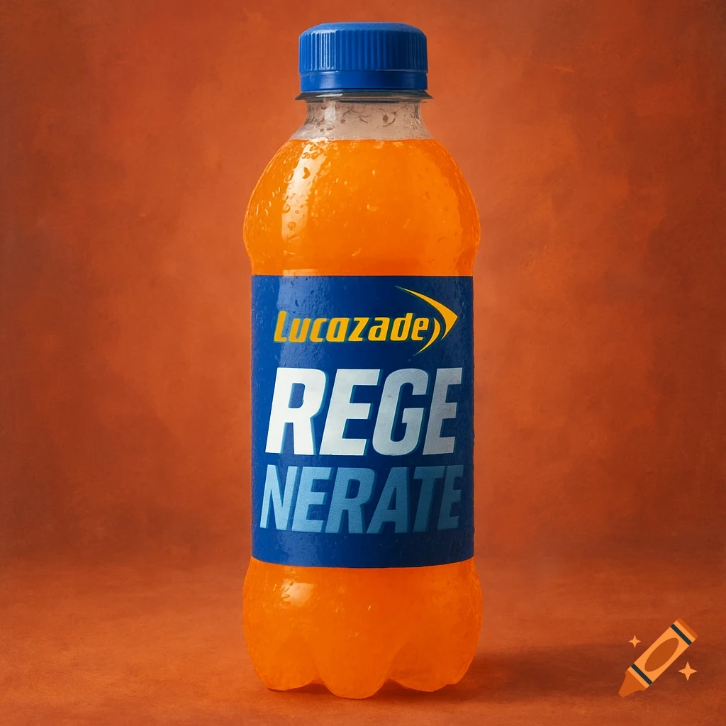 A clear plastic bottle of orange Lucozade sports drink with water droplets, featuring a blue label with white and light blue text reading "Lucozade REGENERATE", on an orange background.