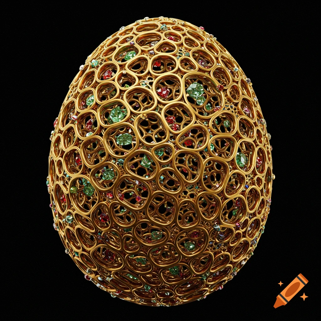 An intricate egg-shaped object made of gold loops, studded with various colored gemstones on a black background.