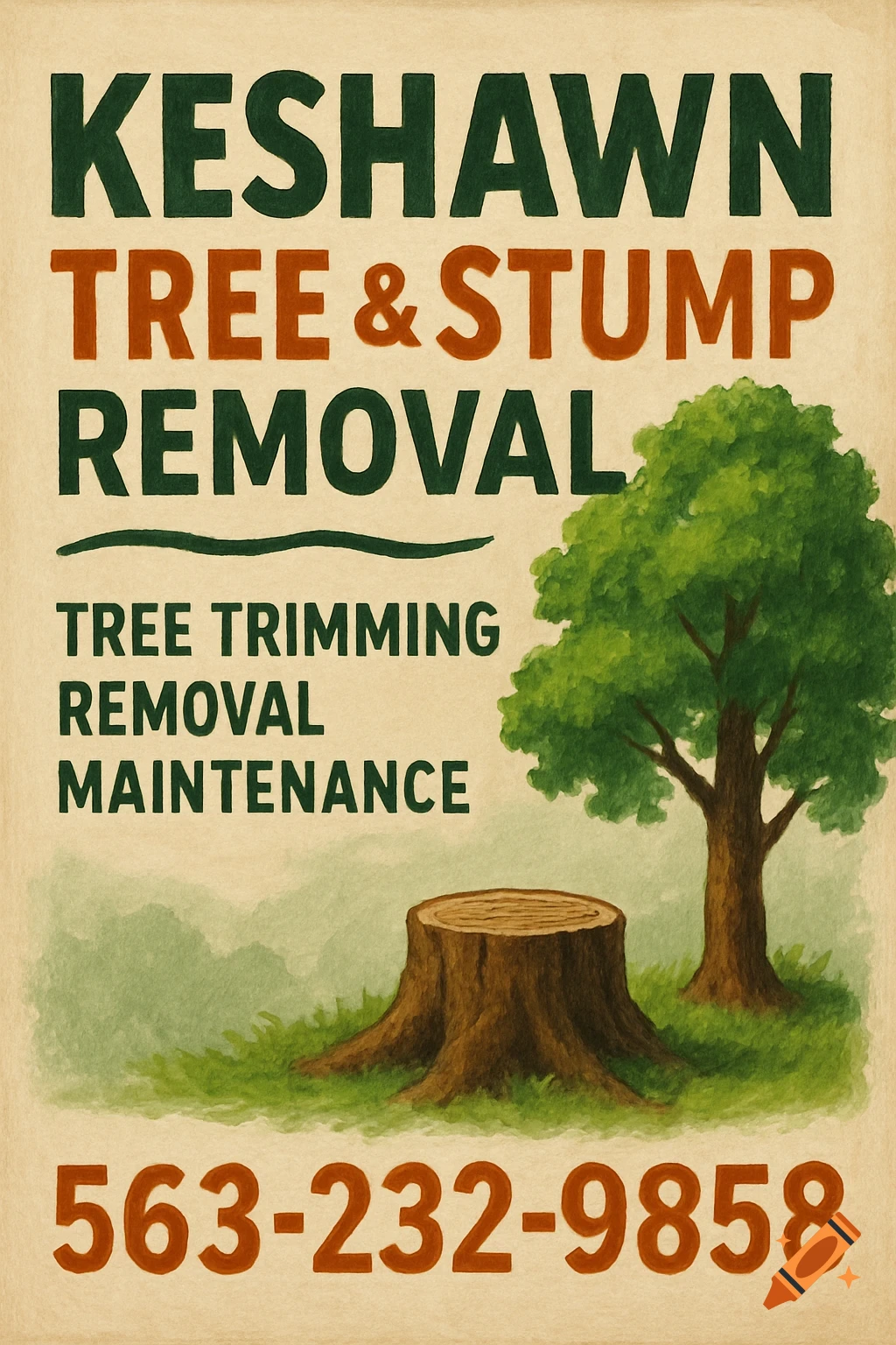 A vintage-style flyer for Keshawn Tree & Stump Removal, featuring a tree stump, a tree, and contact information, in an illustrated style.
