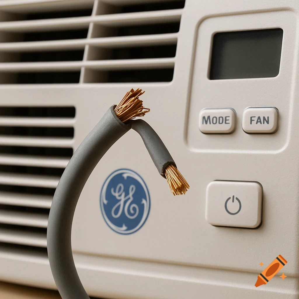 Close-up of a cut electrical cord in front of a GE window air conditioner unit.