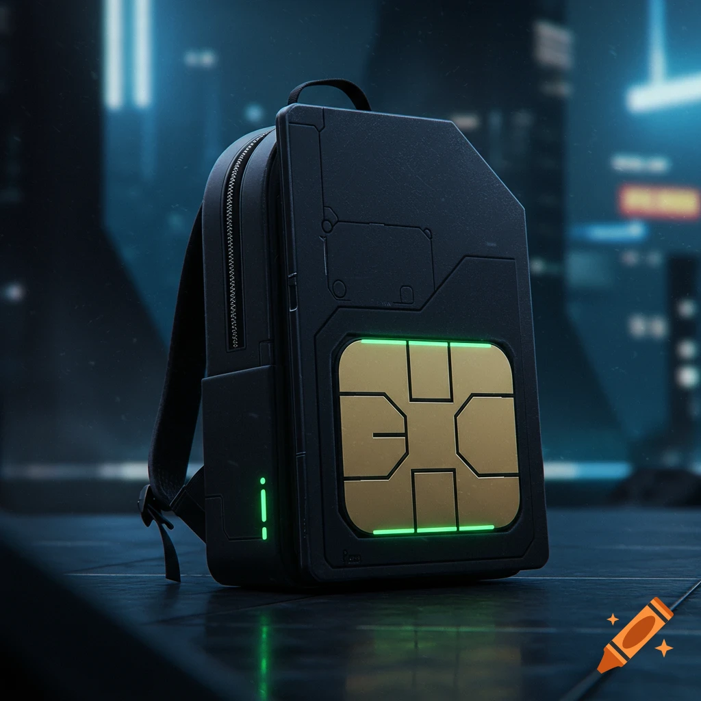 A black backpack shaped like a large SIM card with a golden chip design glowing green, standing on a dark tiled surface in a blurry futuristic city background.