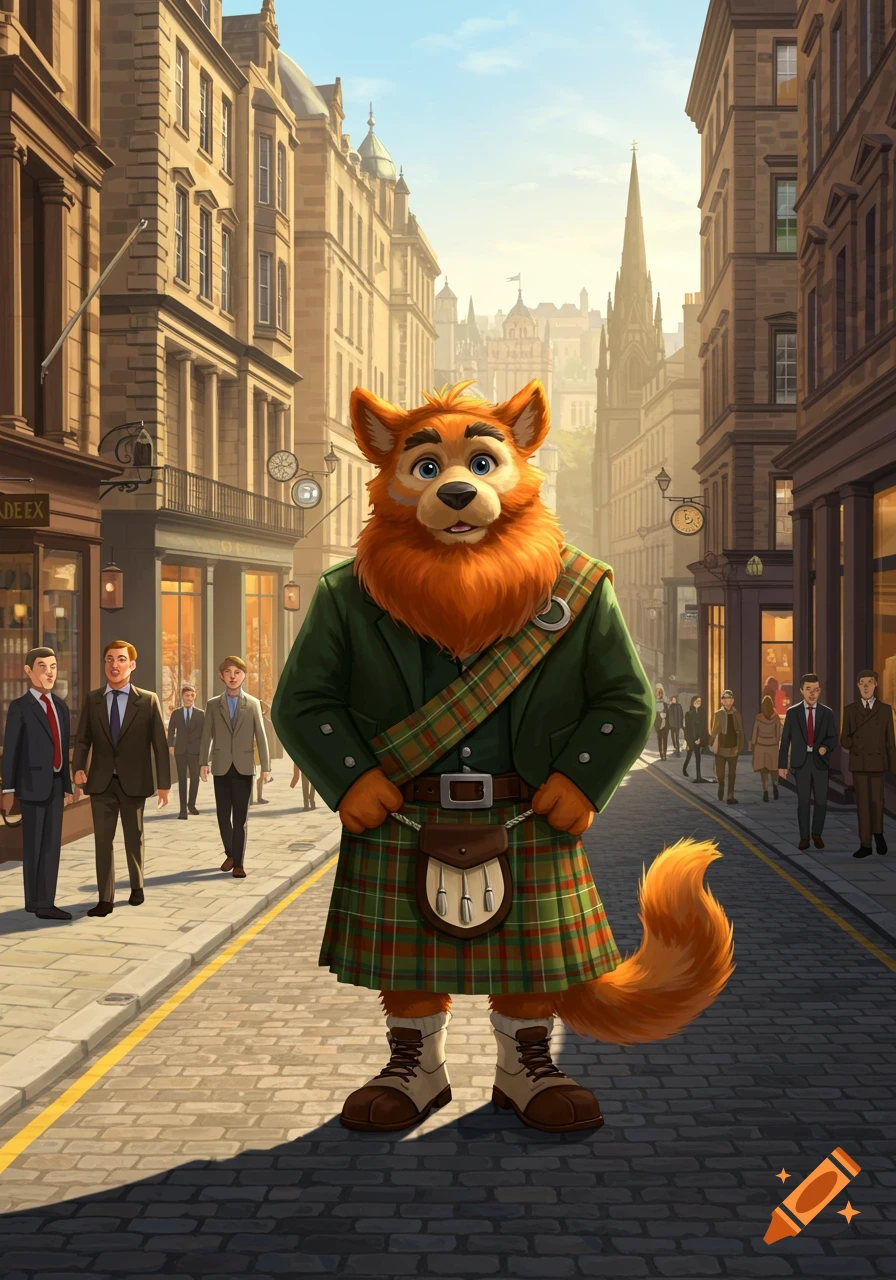 An anthropomorphic furry character, resembling a fox or wolf with reddish-orange fur, stands in the middle of a cobblestone street in Edinburgh, Scotland. The character wears a green jacket and a traditional Scottish kilt with a sporran, looking forward with a friendly expression. Historic stone buildings line both sides of the street, with a distant steeple visible under a bright sky.