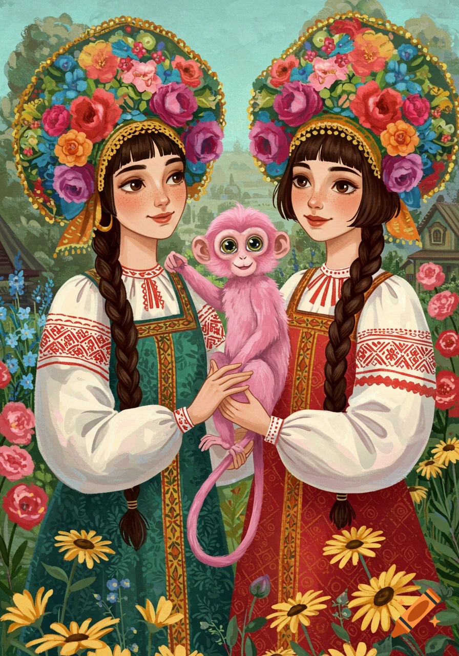 Two women in colorful traditional Russian dresses and elaborate floral kokoshniks hold a vibrant pink monkey in a blooming garden.