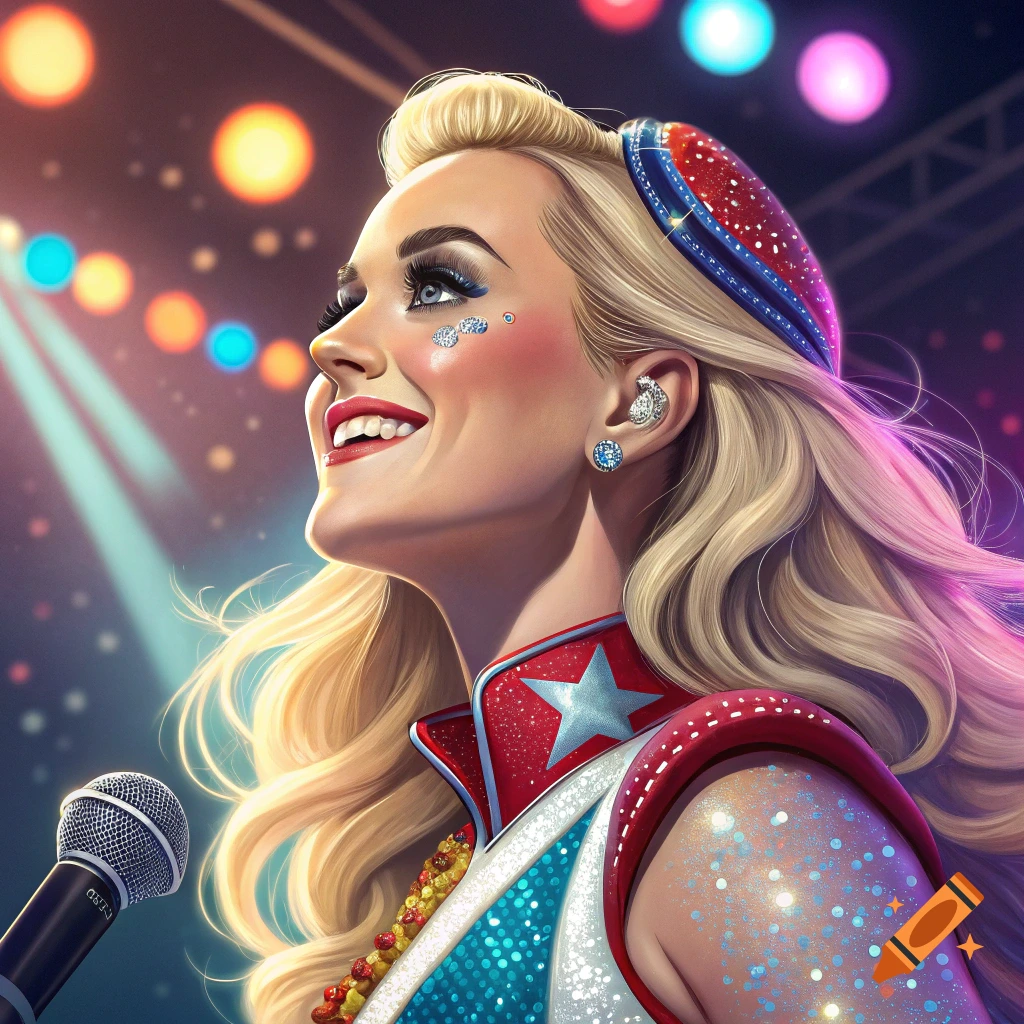 Close-up of Katy Perry on stage, smiling and looking up, wearing a sparkly red, white, and blue costume, holding a microphone.
