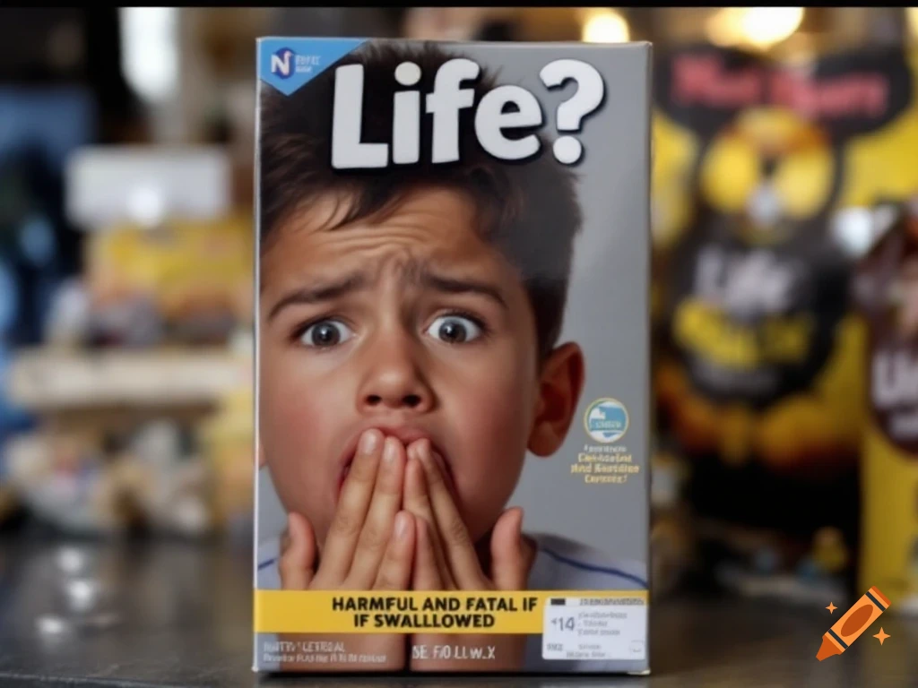 A box of "Life?" brand cereal featuring a boy covering his mouth in shock, with text below reading "HARMFUL AND FATAL IF SWALLOWED."