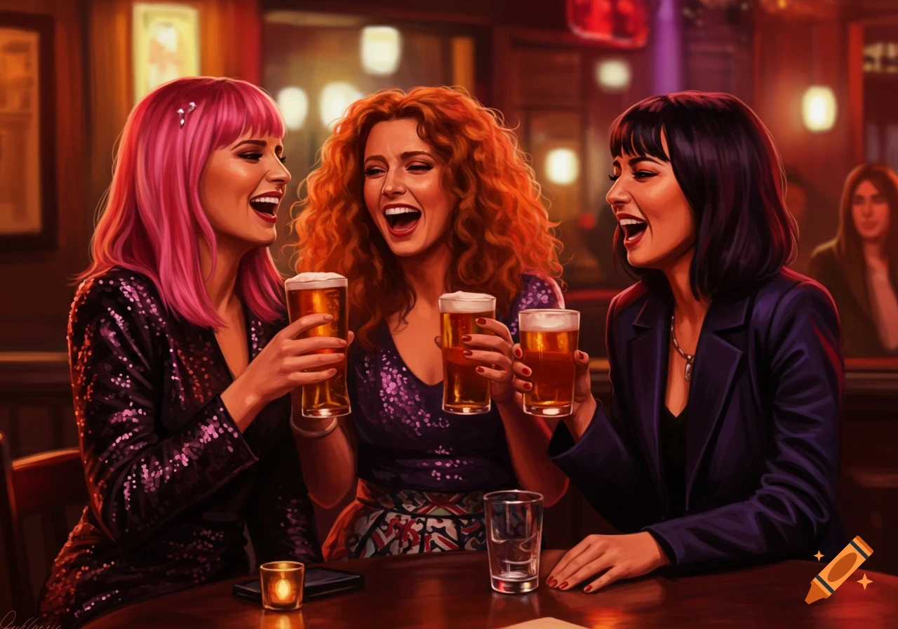 Three women with colorful hair laughing while holding drinks at a bar.