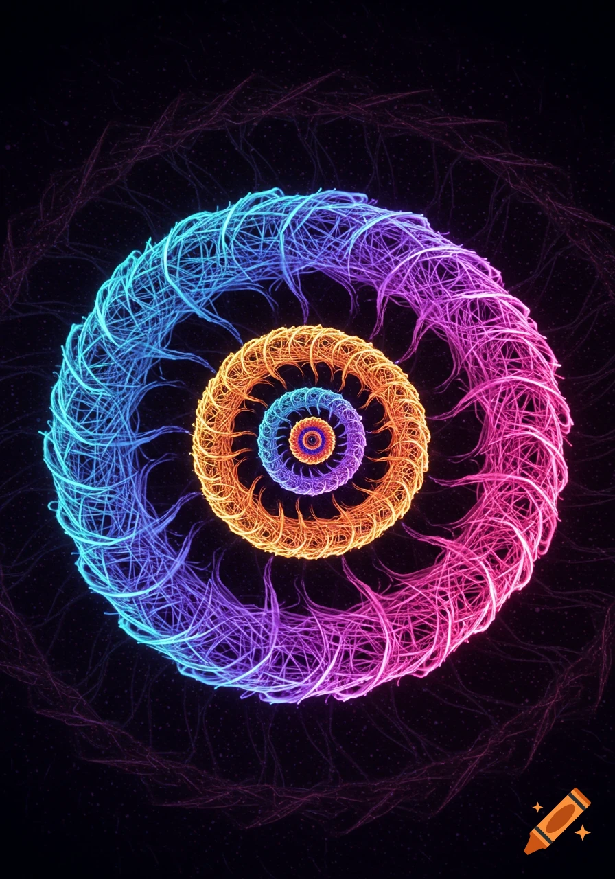 A glowing abstract spiral with iridescent blue, purple, and orange concentric rings of intricate fibers on a dark background.