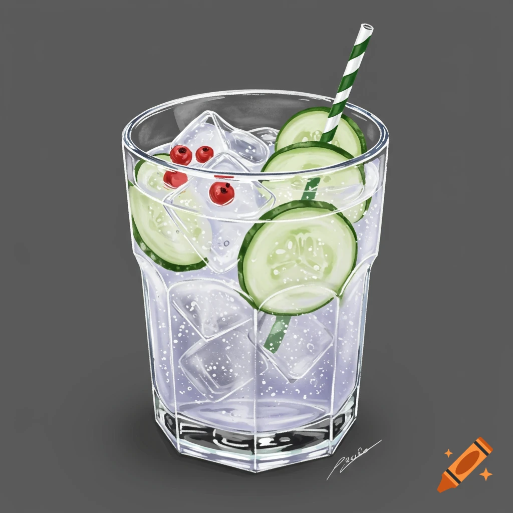 An illustration of a glass of gin and tonic with ice, cucumber slices, red berries, and a striped straw.