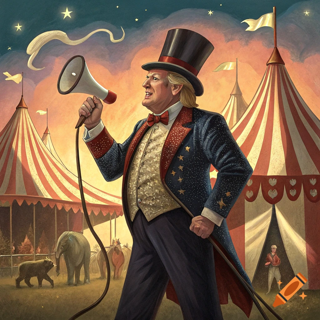 Illustrated Donald Trump as a ringmaster with a megaphone at a circus, with tents and animals in the background.