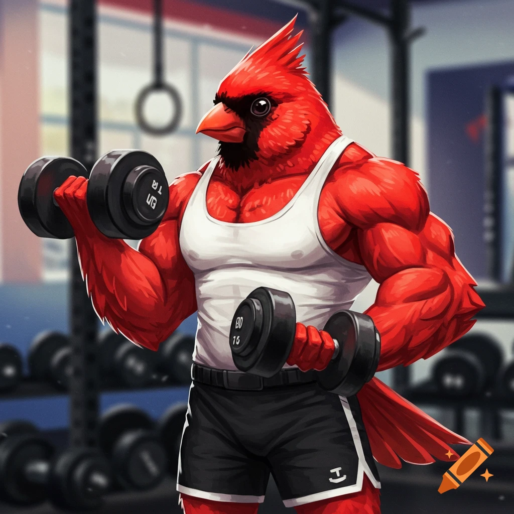 A muscular red cardinal bird wearing gym clothes lifts dumbbells in a gym, illustrated in a cartoon style.