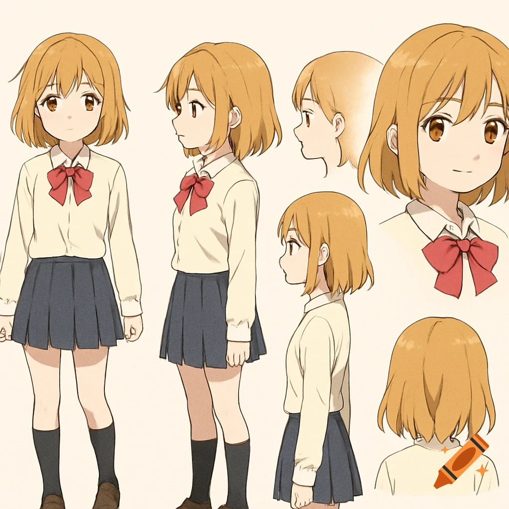 Anime character design sheet with multiple views of a girl in a school uniform.