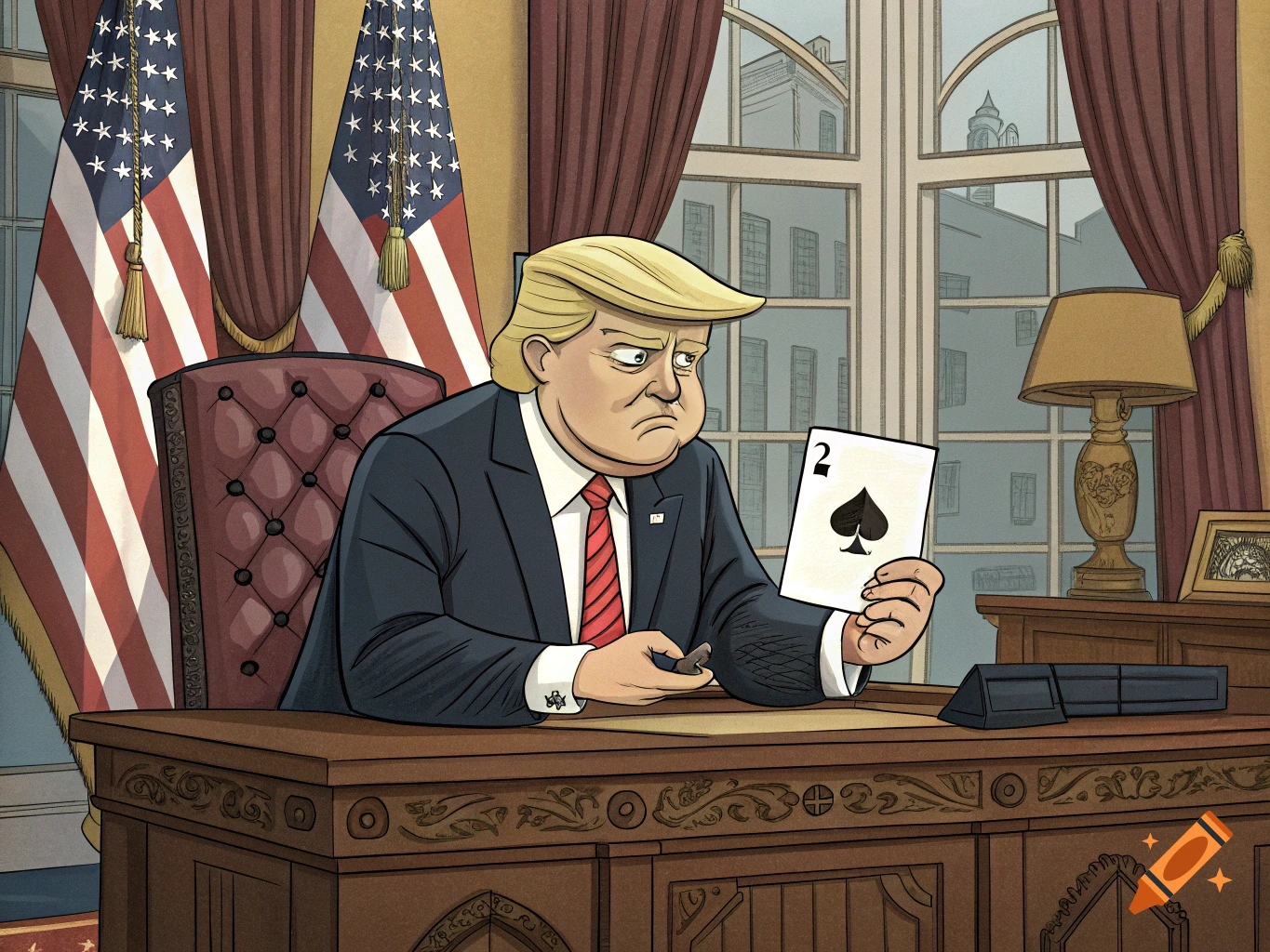 Cartoon Donald Trump sits at a desk in the Oval Office, looking disgruntled while holding a 2 of spades playing card.