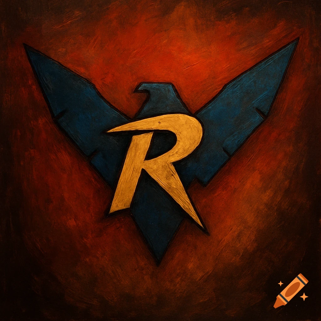 A gold letter 'R' superhero emblem on a dark blue bird shape, against a textured red background.