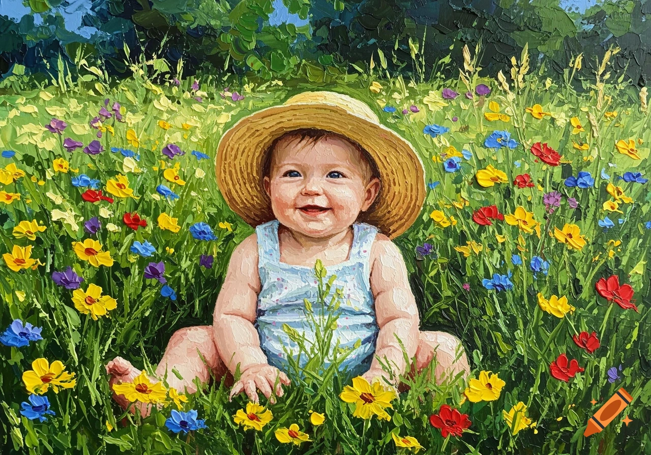 Impasto painting of a smiling baby in a straw hat and blue overalls sitting in a field of colorful wildflowers.