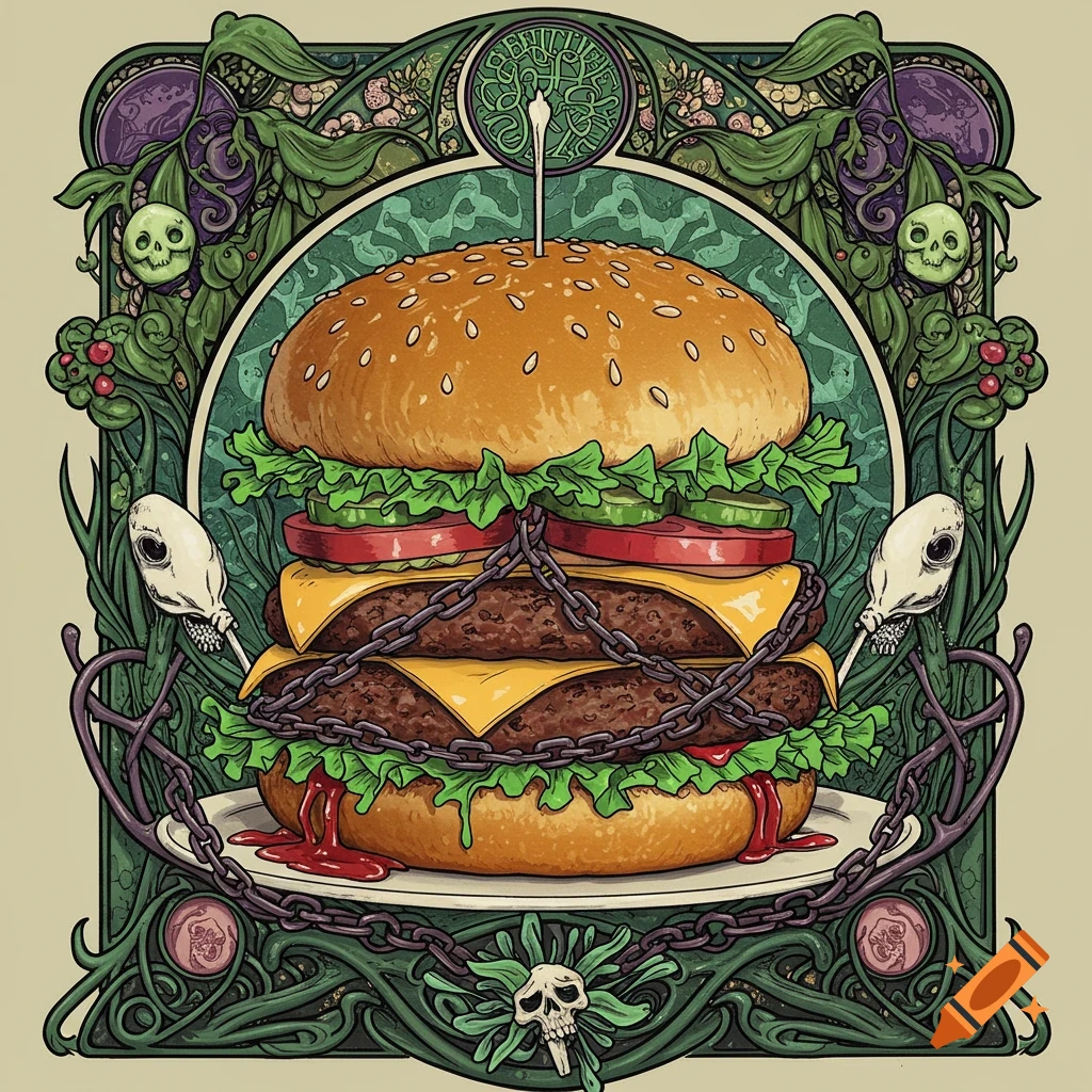 Art Nouveau style burger with chains, skulls, and green foliage border.
