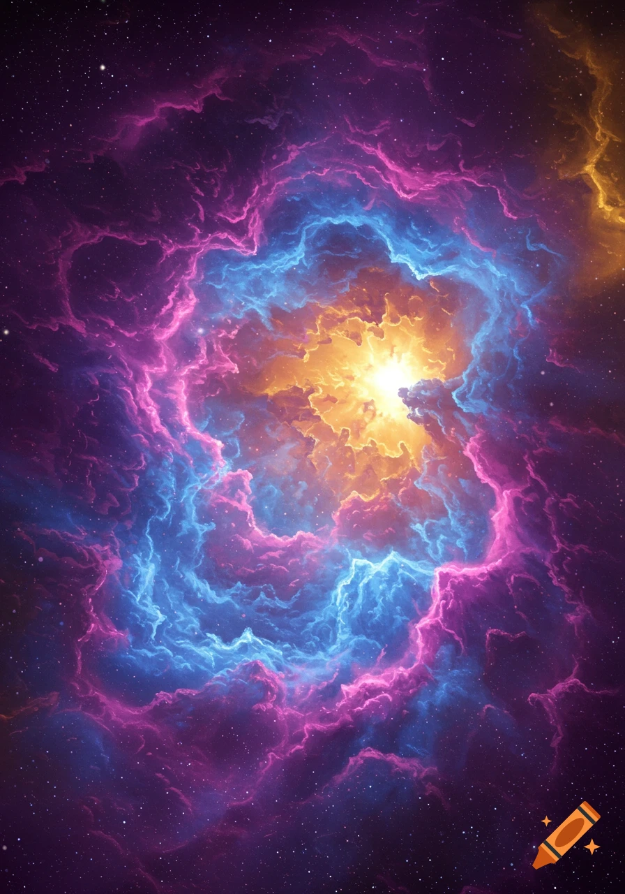 Vibrant cosmic nebula with a bright yellow core surrounded by swirling pink, blue, and purple gas clouds and scattered stars.