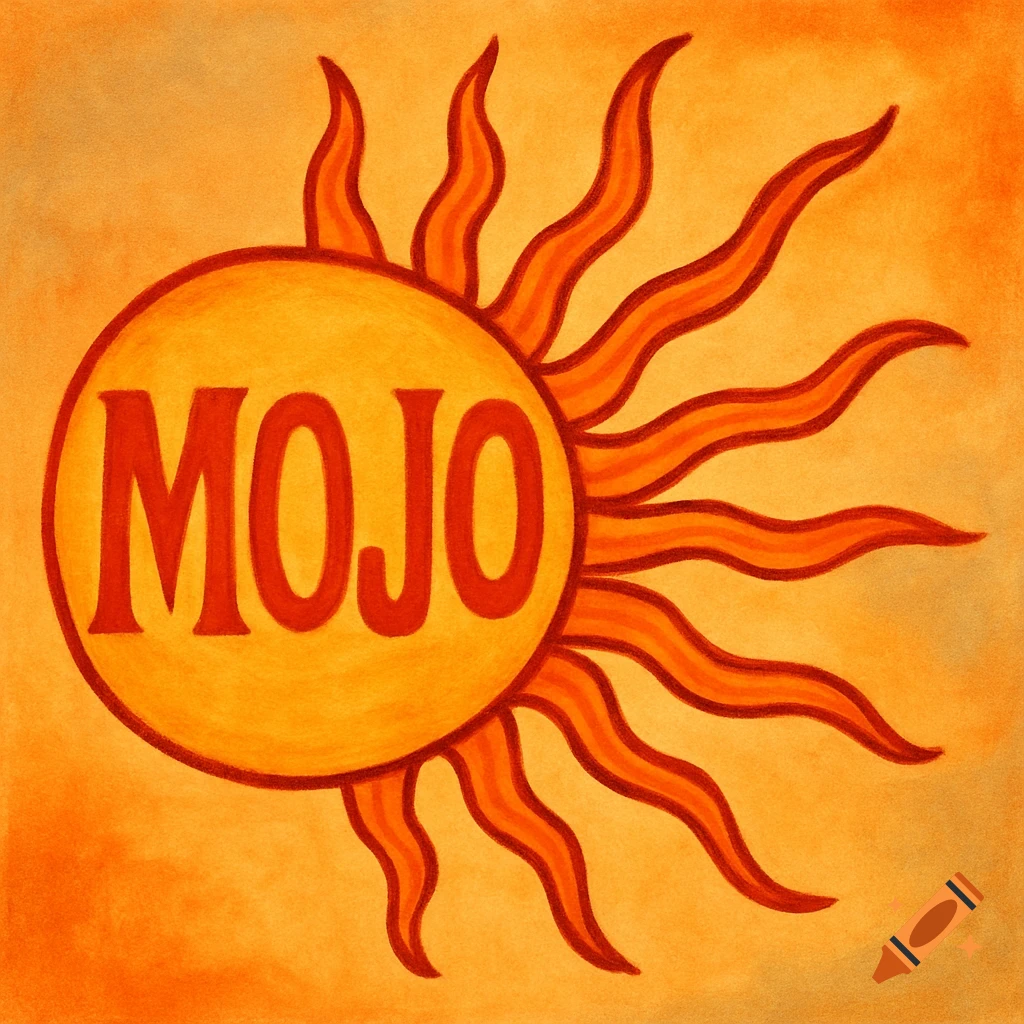 A stylized orange and yellow sun with wavy rays, featuring the word "MOJO" in red letters across its center. The background is a textured orange.
