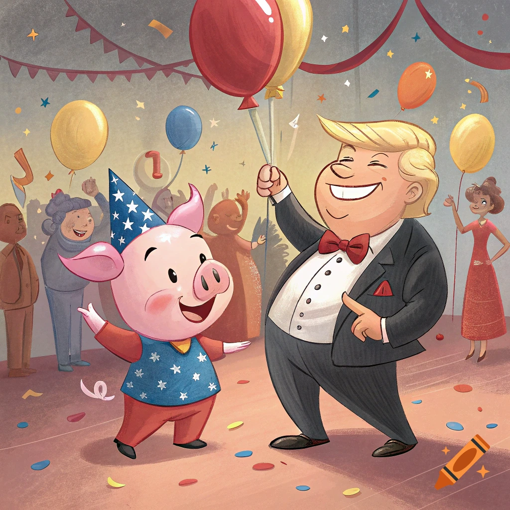 A cartoon pig in a party hat and a man resembling Donald Trump at a colorful party with balloons and confetti.