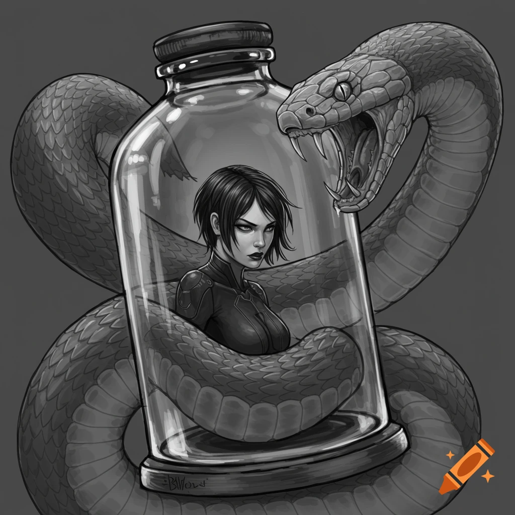 A monochrome illustration of a woman in a bell jar being coiled by a large snake.