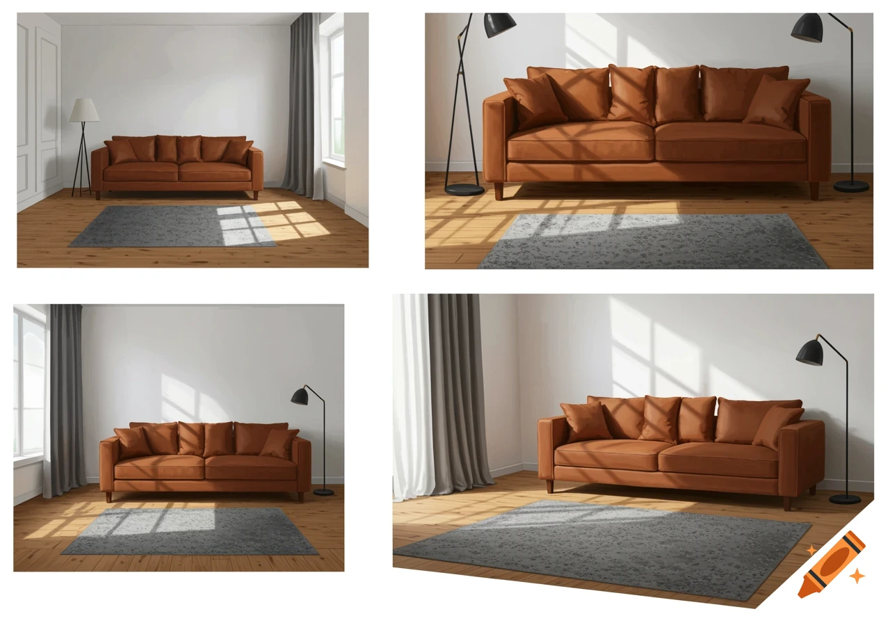 Four panels showing a living room with a brown sofa, a gray rug, and two lamps. Sunlight casts shadows on the wooden floor.