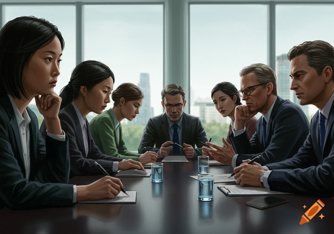 A diverse group of business professionals seated around a conference ...