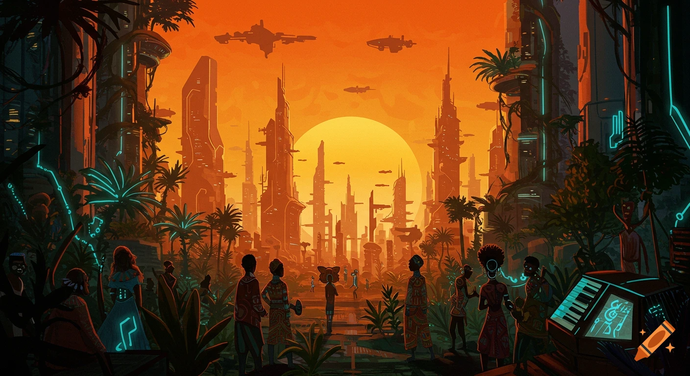 A vibrant Afrofuturistic city at sunset, with lush glowing plants, towering buildings, and people gathered amidst the futuristic landscape.