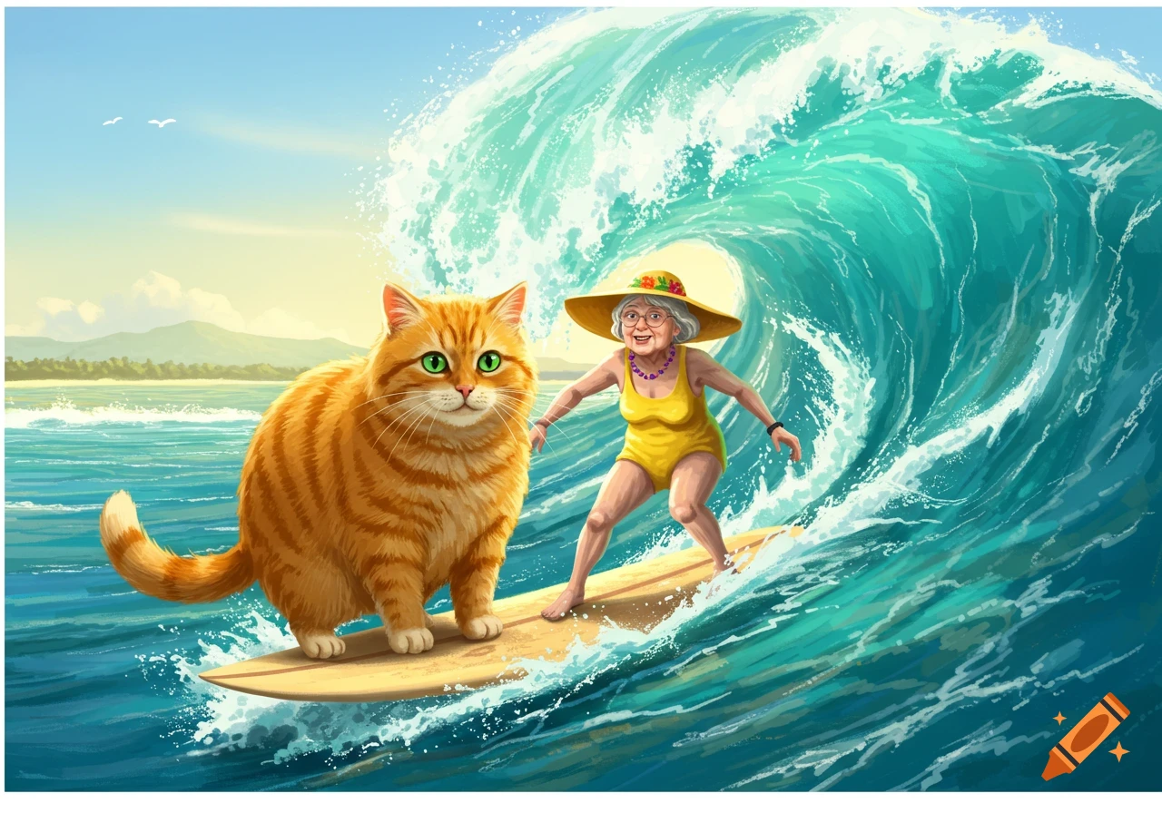 A huge orange tabby cat and an elderly woman in a yellow swimsuit surf a massive blue wave.