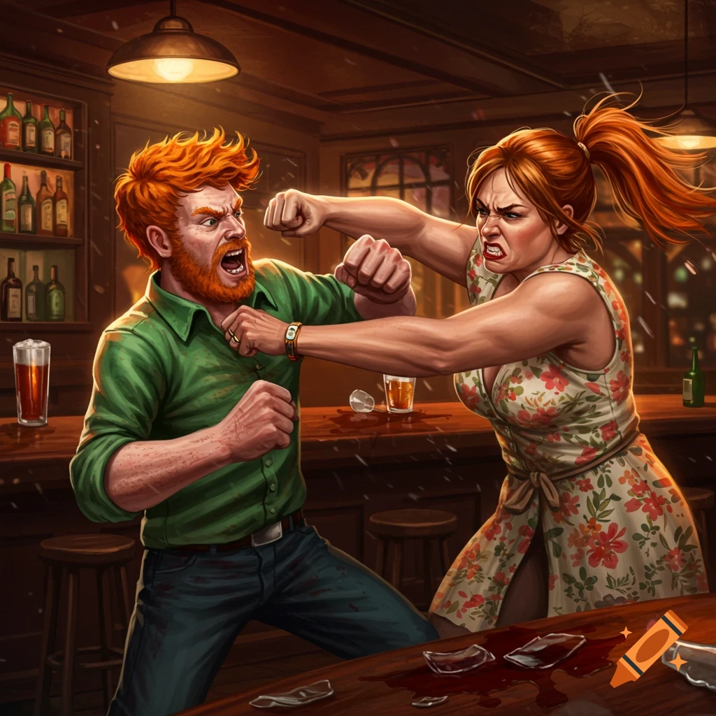 A man and woman with red hair engage in a brawl inside a dimly lit bar, with broken glass and spilled liquid on the counter.