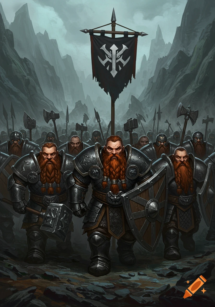 An army of armored dwarves with red beards marching through a dark, mountainous valley. A black banner with a white symbol stands tall in the center.