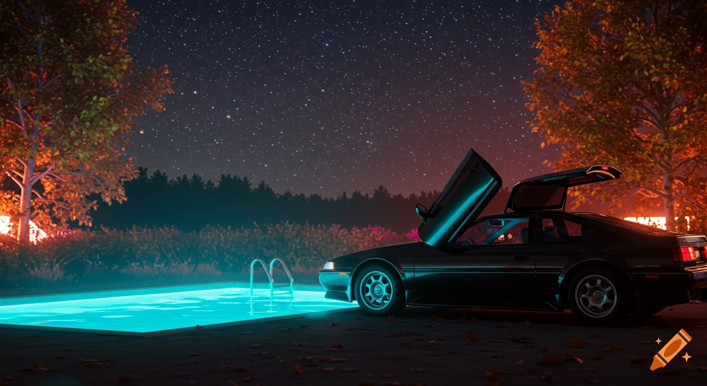A black car with vertical doors next to a glowing blue pool at night under a starry sky, with orange-leafed trees in a vaporwave style.