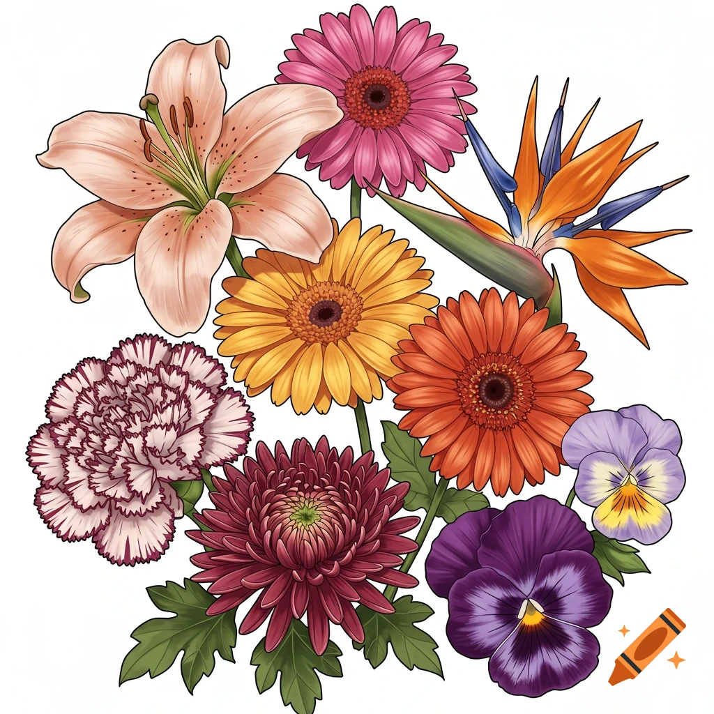 A colorful illustration of a bouquet of flowers, including a pink lily, orange and yellow gerberas, a bird of paradise, a white and purple carnation, a deep red chrysanthemum, and purple pansies, on a white background.