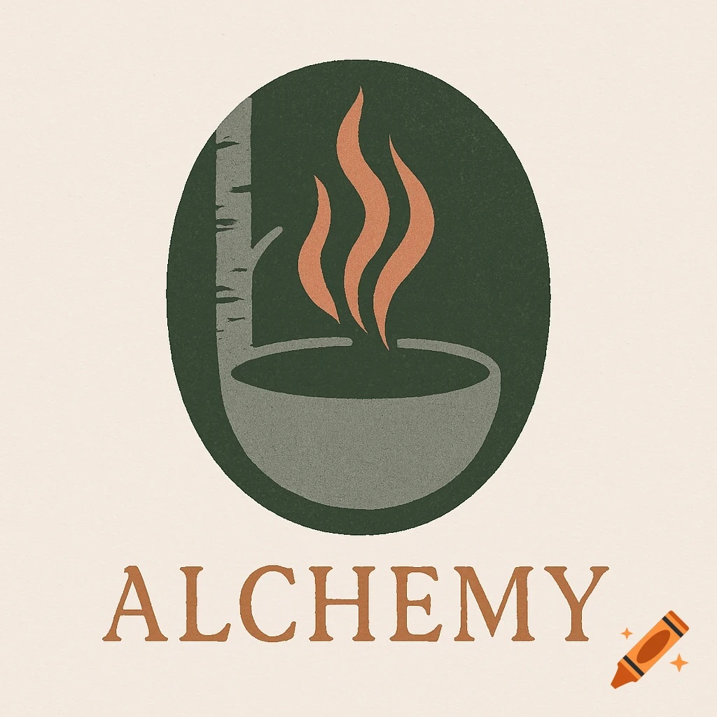 A circular logo with a birch tree trunk, a bowl, and orange flames, with the word ALCHEMY below it.