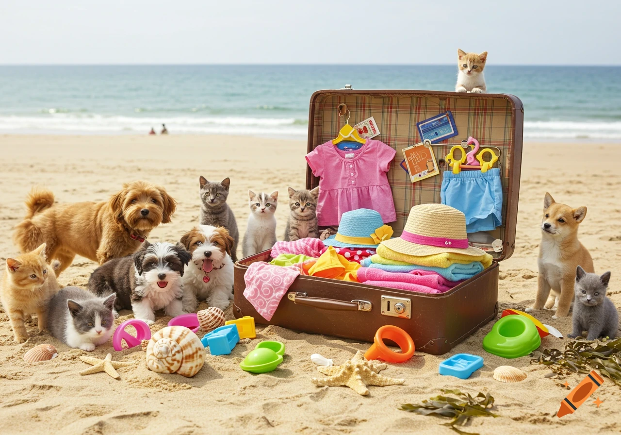 Cute dogs and cats gathered around an open suitcase filled with summer clothes on a sandy beach by the ocean.