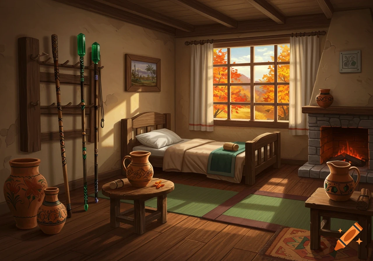A cozy inn room with a wooden bed, fireplace, and staffs, lit by sunlight streaming through a window revealing autumn trees.