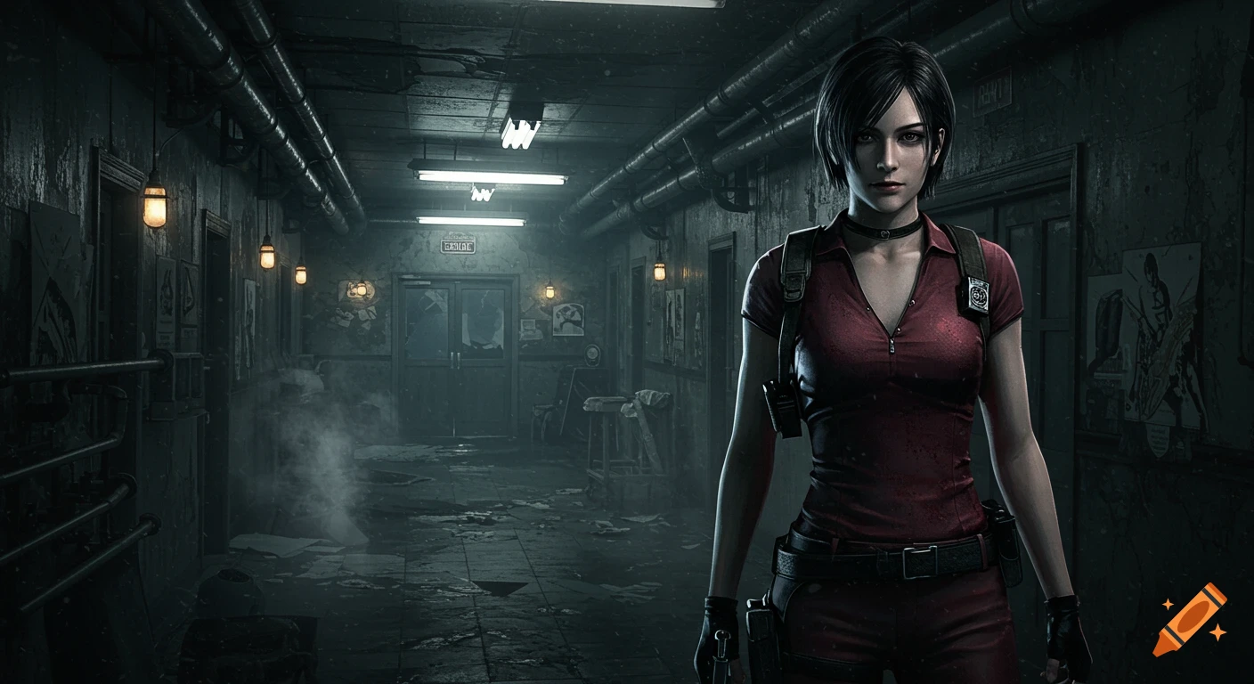 Ada Wong stands confidently in a dark, atmospheric Raccoon Police Department hallway with flickering lights and fog, in the style of Resident Evil 2 Remake.