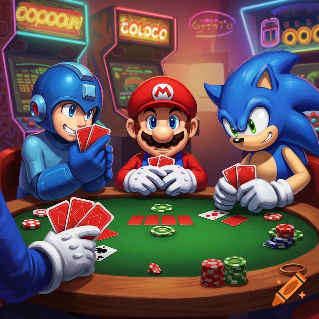 Mega Man, Mario, and Sonic play poker at a green table in an arcade, holding cards and surrounded by chips.