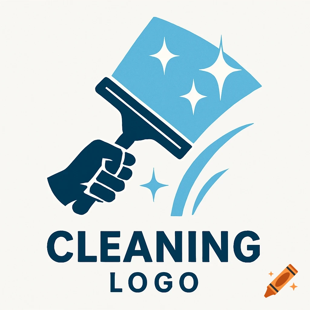 Blue and dark blue cleaning logo showing a hand holding a squeegee with sparkling effects and the text 'CLEANING LOGO'.