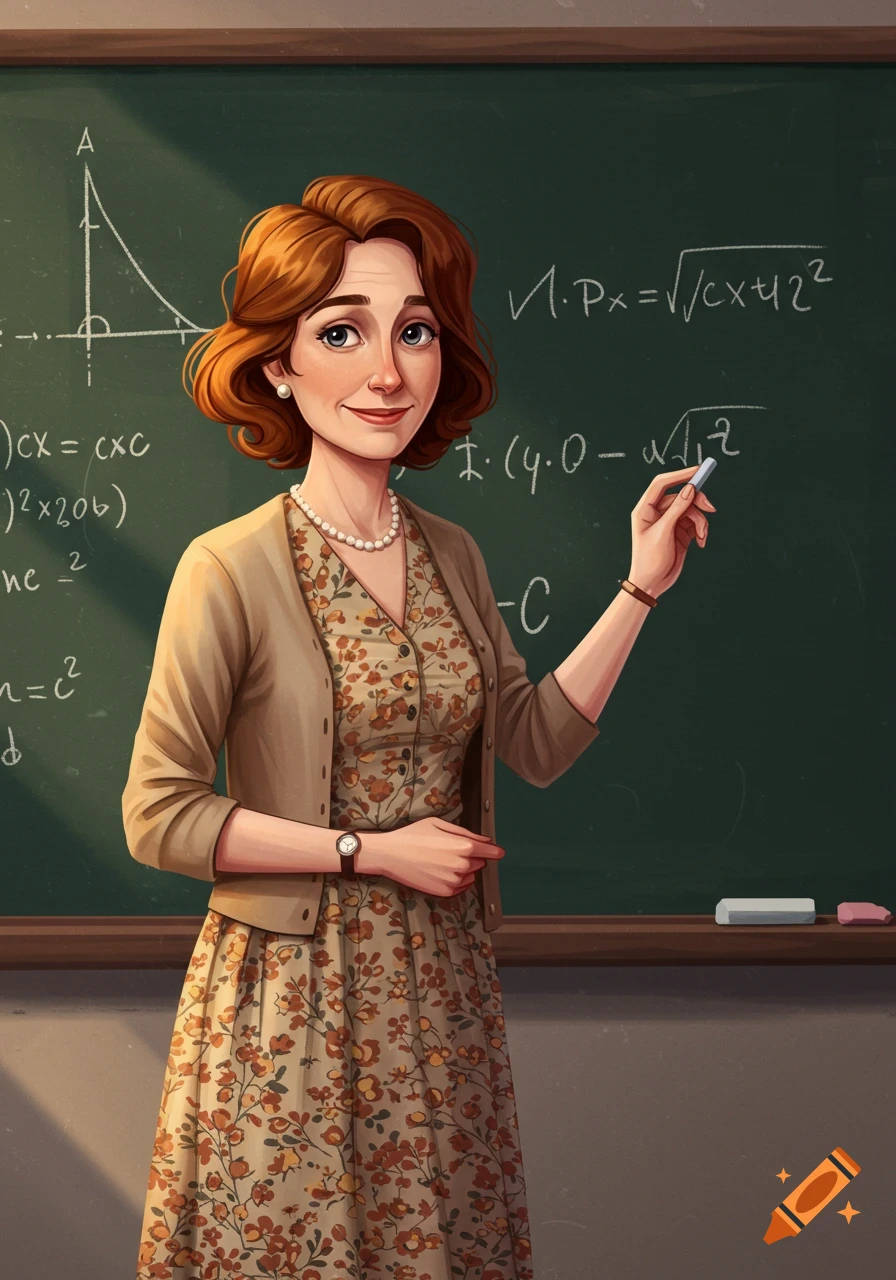 An animated middle-aged female math teacher, with red hair and a floral dress, smiles while pointing at a chalkboard with equations.
